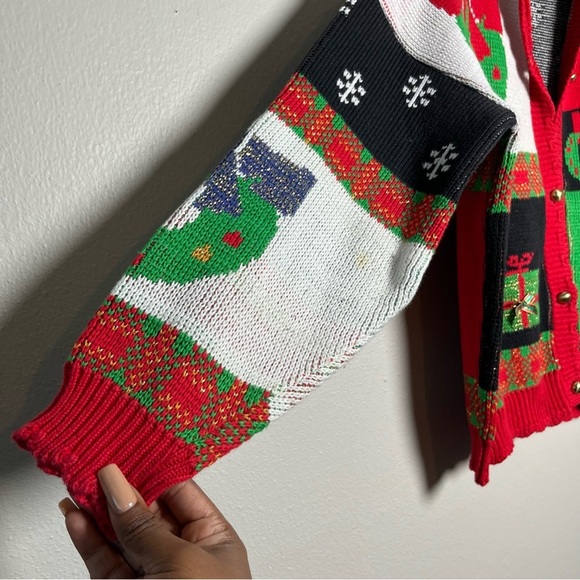 VTG Sweater Loft Women Cardigan Medium Christmas‎ Patchwork Presents Candy Cane - Picture 8 of 15